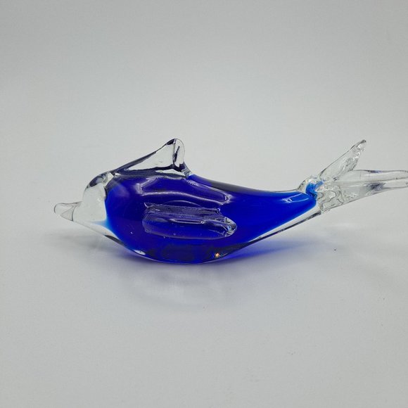 Cobalt Blue & Clear Art Glass Dolphin Figurine Paperweight - Picture 2 of 6